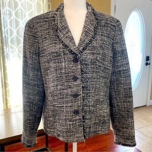 Talbots Tweed Academia Office Jacket, Black and White, Fringe, Vintage, Size 12